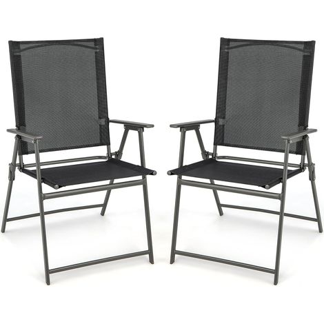 GOPLUS Ensemble de 2 Chaises de Jardin en Textilène avec Cadre Métallique, Chaises Pliantes avec Dossier Haut & Accoudoirs, Chaise de Camping, Convient pour Jardin, Terrasse et Balcon, Noir (2)