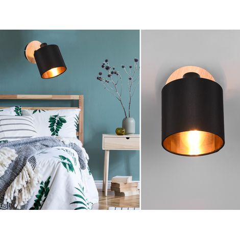 LED Wandstrahler Holzoptik mit Stoffschirm Schwarz / Gold, Breite 12cm (1/5)