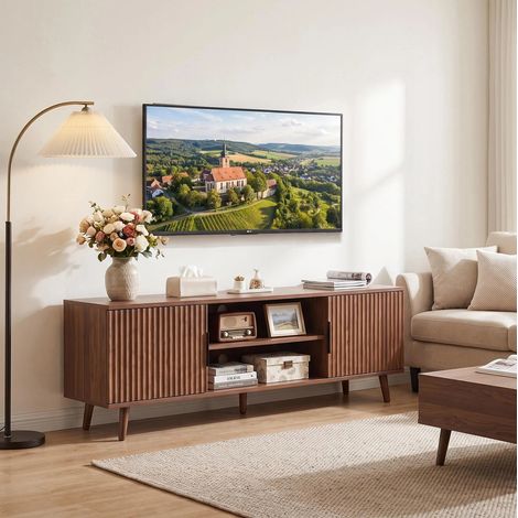 Mueble para TV de 138 cm para salón con espacio de almacenamiento, 2 puertas y gestión de cables, estilo moderno de mediados de siglo, MDF efecto nogal. (1/5)