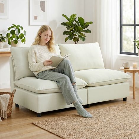 Canapé modulable 2 places design 146 cm, siège spacieux sans bras, coussins rembourrés beige pour intérieur salon (1/5)