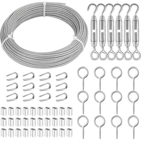 1 - Câble Acier Inoxydable - Gaine PVC - Tendeur M4 et Accessoires de Fixation - Pour Suspendre Lumières et Clôtures de Jardin - Argent - 3mm x 3000cm (1/5)