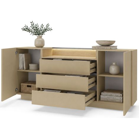 Credenza Haleli, Madia 3 Cassetti, 2 Ripiani, Apertura Battente, Scorrevole, 176x40x83h cm Marrone Chiaro