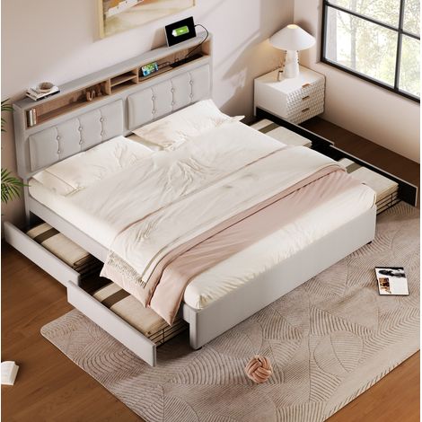 letto matrimoniale 160x200 con 4 cassetti USB beige HAVRYA (1/5)