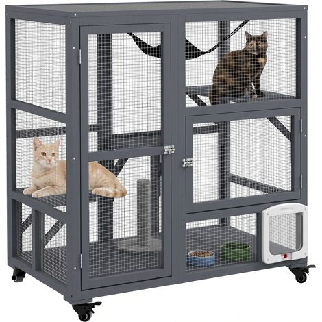 PawHut jaula para gatos interior de madera con ruedas, 3 puertas, 3 plataformas de salto, hamaca, techo abatible, 110x100x60 cm, gris claro (1/5)
