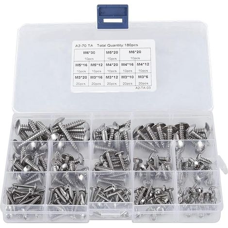 180 Pièces M3 M4 M5 M6 Jeu Vis Autotaraudeuses avec Boîte, Kit Vis à Tête Ronde Cruciforme Acier Inoxydable avec Rondelles, Assortiment Vis Plate Croisée Bois Autoperceuses pour Réparations, Argent