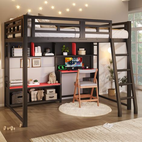 Lit mezzanine ado 140x200 cm avec bureau intégré, LED RGB, étagères de rangement, garde-corps, métal et MDF - Noir (1/5)