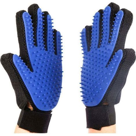 Gants pour l'élimination des poils d'animaux – Brosses douces pour chiens, chats et chevaux à poils longs – 1 paire (Bleu) (1/4)