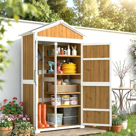 Casetta da giardino impermeabile con tetto in metallo e doppia porta per attrezzi da giardinaggio, 105x55x179 cm, colore naturale. (1/5)
