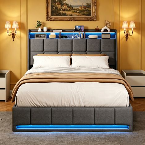 Lit Coffre 140x190 cm avec Mécanismes Hydraulique, Tête de Lit avec Rangement, Éclairage LED et Ports USB/Type-C, Tissu Lin