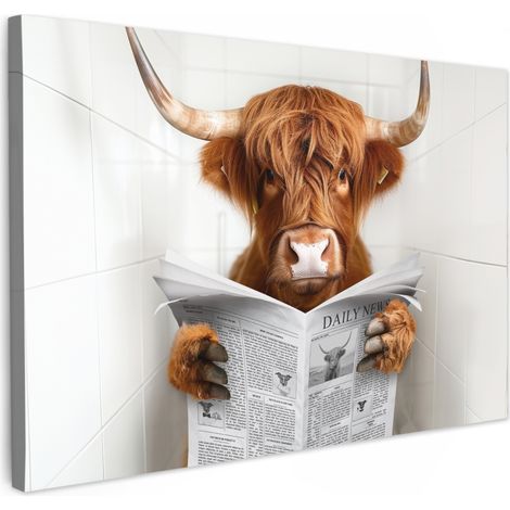 CUADRO EN LIENZO Highlander escocés - Animal - Periódico - Inodoro Cuadros Decoracion Salon Modernos 120x80 cm