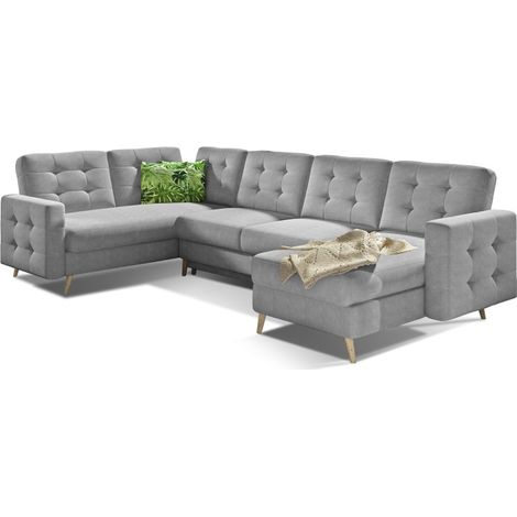 Canapé d'angle panoramique convertible HASGARD U 326 cm gris clair avec coffre