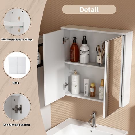 Adapté à la salle de bain, armoire de toilette à double porte avec compartiment de rangement