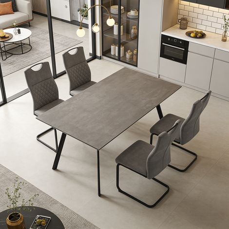 Ensemble de table à manger 120 cm en MDF avec chaises (4 chaises, tissu, gris)