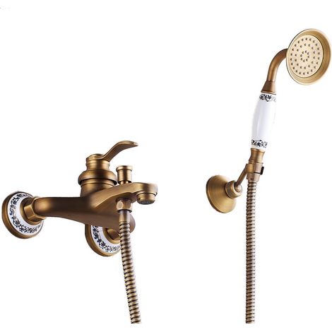 Robinet de baignoire et douche avec Douchette Robinet de Bain en laiton rétro 2 trous 2 poignées (1/5)