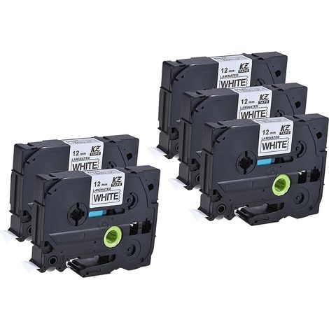 Stück laminierte Etikettenbänder, schwarz auf weiß, kompatibel mit Brother P-touch Etikettendruckern PT-1010/PT-21 – 12 mm, 5 Stück – Weiß