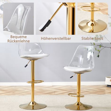 Moderner verstellbarer Barhocker-Satz, 2 Stück mit transparenten Kunststoffrücken und PU-Ledersitzen, goldfarbigen Metallbeinen. Höhenverstellbar und 360° drehbar, geeignet für Küchen, Bistros usw. (1/5)