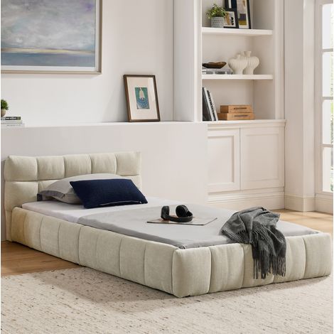 Letto imbottito bambini 90x200 cm con rete a doghe, motivo trapuntato a quadri, in tessuto, senza materasso, beige (1/5)
