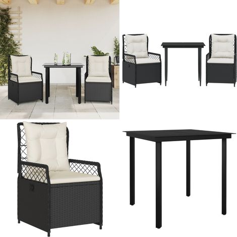 3-tlg. Garten-Essgruppe mit Kissen Schwarz Poly Rattan - Gartentisch - Gartenstuhl (1/5)