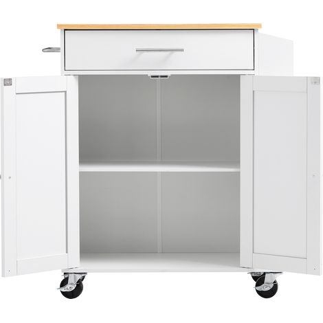 Mophorn Îlot de cuisine mobile avec roulettes 79,5 cm, buffet blanc pratique pour salle à manger ou maison, meuble de rangement en MDF avec tiroir, placard, porte-serviettes et support à épices (1/5)