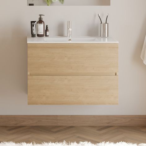 Meuble de salle de bain 80cm simple vasque - sans miroir - 2 tiroirs - nebraska (bois clair) - IDA (1/5)