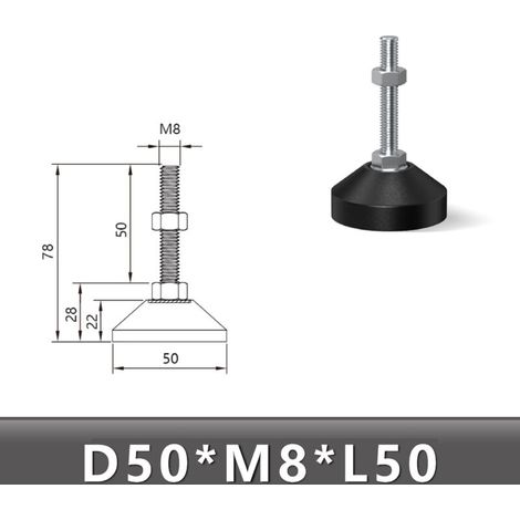 Pieds de nivellement en caoutchouc réglables M8, supports de meuble à hauteur ajustable, embases métalliques filetées pour étagères et meubles (D50M8L50) (1/3)