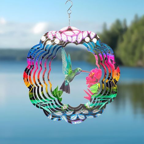 Moulin à vent artistique pour décoration de jardin en acier inoxydable 3D sculptures cinétiques à suspendre en forme de colibri Décoration de jardin extérieur intérieur extérieur patio Ornements de (1/5)