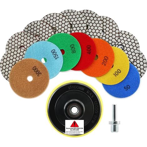 Disque Diamant de Polissage - 7pcs 100MM 50/100/200/400/800/1500/3000 M14 Tampon D'appui Adapter Sec Tampon de Polissage pour Granit Marbre Pierre Artificielle Quartz