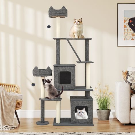 Arbre à Chat de 180 cm Tour pour Chat à Plusieurs Niveaux avec Griffoirs Planche en Sisal et Echelle 2 Cabanes Amovibles Perchoir Gris (1/2)