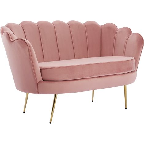 Vente-Unique – Canapé convertible 2 places coquillage en velours rose – Structure métal – Confort équilibré – Finitions soignées – Charge max 240 kg (1/5)