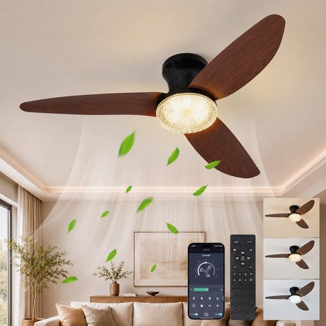 HEMVOR Ventilateur de plafond lumineux 100 cm avec LED dimmable, télécommande et application, 6 vitesses réversible Noir et Marron
