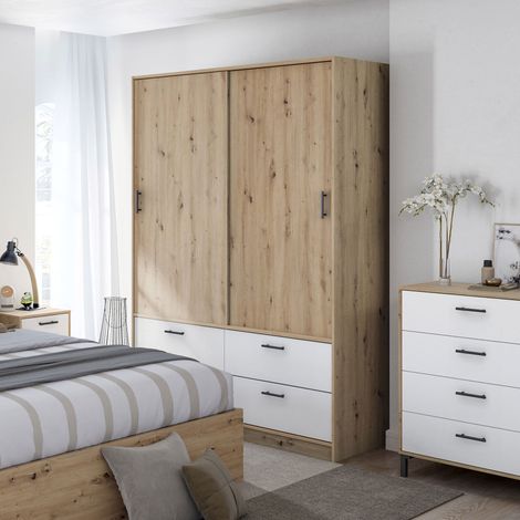 Armoire 2 portes coulissantes 4 tiroirs 200x140x60 cm chêne et blanc