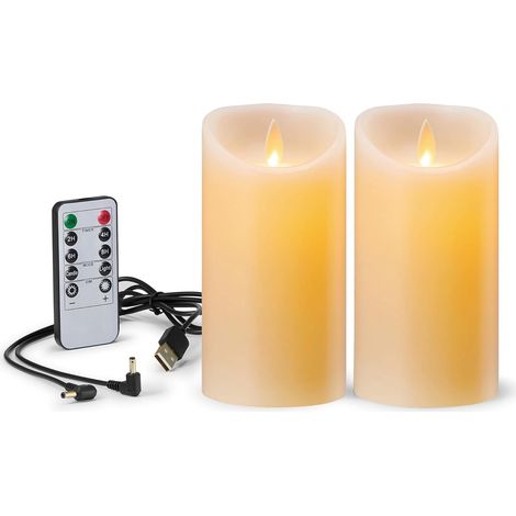 Lot de 2 Bougie LED Rechargeable Ivoire 10cm Avec Télécommande Minuterie Flamme Vacillante Pour Décoration