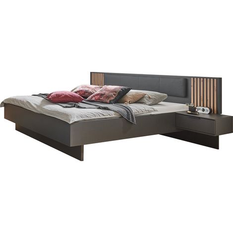 Lit adulte + 2 tables de chevets King size coloris graphite, imitation chêne Artisan - Longueur 301 x Hauteur 104 x Profondeur 210 cm -PEGANE- (1/3)