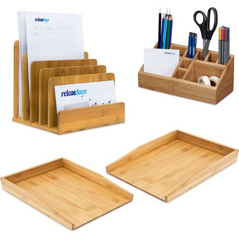 4-piece desk set, bamboo, 2 A4 letter trays, desk organiser, standing document holder, natural (1/5)