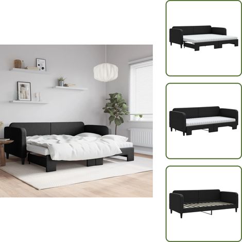 The Living Store Tagesbett Ausziehbar mit Matratzen Schwarz 90x200 cm Stoff - Schlafsofa