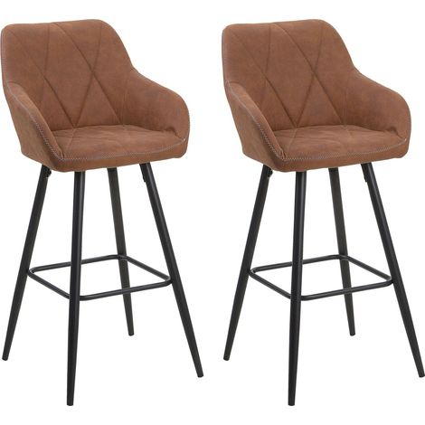 Beliani – Lot de 2 tabourets de bar tapissés en tissu marron – Hauteur d'assise 74 cm – Pieds en métal noir – Style rétro glamour pour cuisine (1/5)