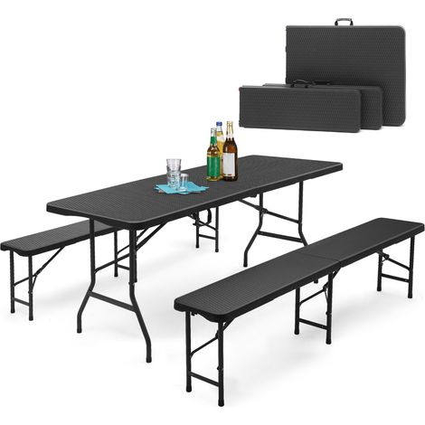 Ensemble de tente à bière pliable en plastique Table + 2 bancs avec poignées de transport Salon de jardin Chapiteau de 180 cm Table à bière pour le jardin, noire - rotin (1/5)