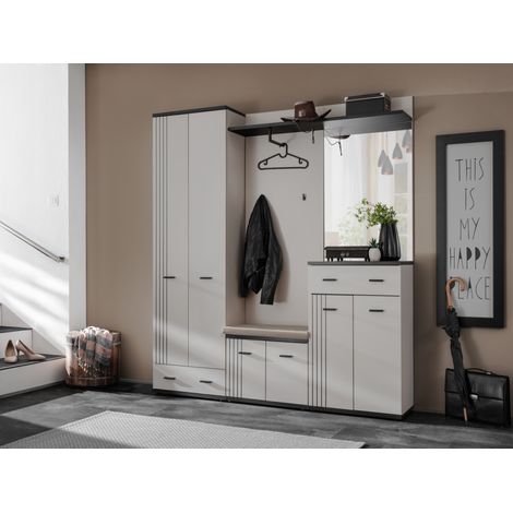 Ensemble meuble d'entrée Hugo III avec miroir, armoire et coussin d'assise - Bois MDF cachemire et noir - 180 x 203 x 32 cm - Livraison gratuite (1/5)