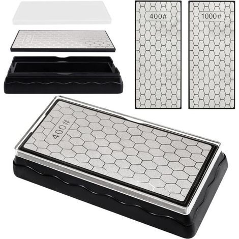 Doppelseitiger Diamant-Schärfstein (Körnung 400/1000, 185 x 92 x 40 mm), Messerschärfer aus Bienenwachs mit rutschfester Unterseite, Messer- und Scherenschärfwerkzeug für Küche und Garten (1/5)