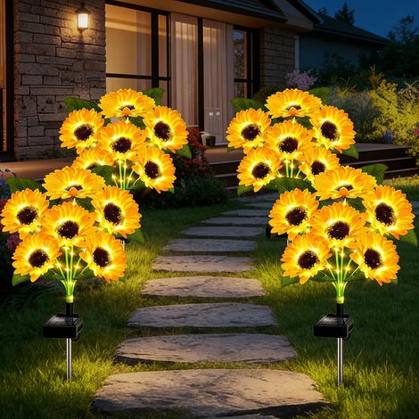 Lot de 2 lampes solaires de jardin décoratives en forme de tournesol avec 30 LED et 12 tiges lumineuses étanches pour jardin, paysage, chemin, cour, patio (1/5)