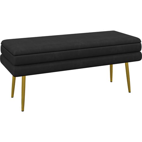 Panca contenitore 2 in 1 con seduta effetto velluto e gambe in acciaio - 100 x 37,5 x 42 cm, nero e oro