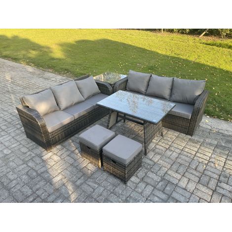 Fimous Garden Furniture Canapé Set Table à manger rectangulaire 2 Petits tabourets Table d'appoint Intérieur Extérieur 8 places Rattan Set Gris foncé mixte (1/5)