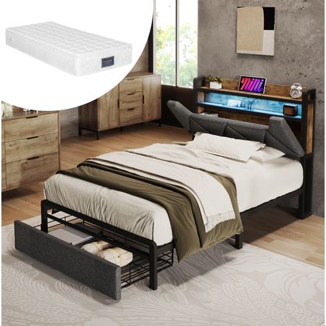 DESVIAE Lit simple avec rangement tête de lit LED USB et USB C avec tiroir 90 x 200 cm gris métal et tissu (1/5)