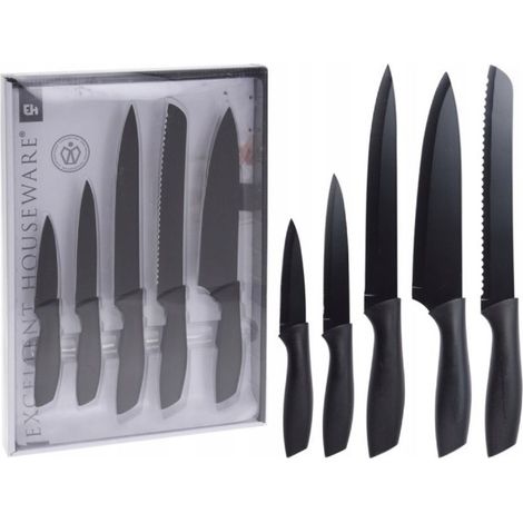 Set de 5 couteaux noirs, lames en acier inoxydable, manches ergonomiques, ustensiles de cuisine professionnels, lot complet pour découpe précise. (1/4)