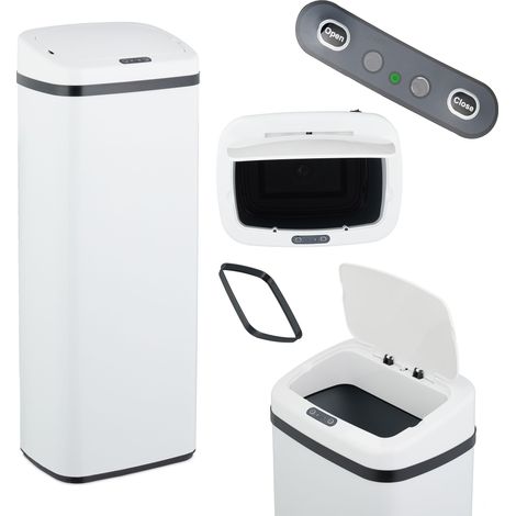 Relaxdays Kitchen Bin with Sensor, Automatic Electric Lid, Waste Container, Rubbish Bag Holder, White
