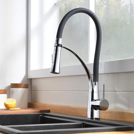 Rubinetto cucina miscelatore, beccuccio flessibile girevole 360°, rame massiccio cromato, tubo PEX nero (1/5)