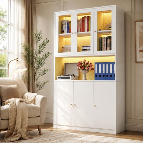 Hohes Bücherregal 100x35x200 cm mit Glasvitrine und LED, weißer MDF-Schrank (1/5)