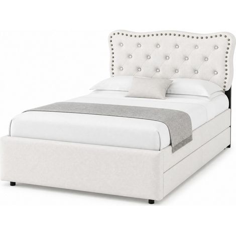 Letto imbottito 90x200 cm con 2 cassetti, testiera regolabile con borchie decorative, rivestimento in tessuto beige chiaro, struttura in MDF – CHICFURN (1/5)
