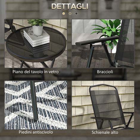 Set de Jardin 3 Pièces : Table Basse Rond Ø45x50 cm + 2 Fauteuils 53,5x64x93 cm, Fer Forgé Noir