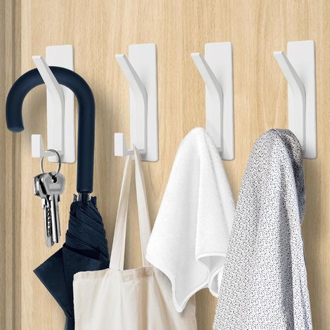 Adhesive Wall Hooks, 4 x Adhesive Wall Hooks for a weight of 6 kg, Self-adhesive Hooks for Towels, Coats, Hats in the Bathroom and Kitchen (White) (1/5)